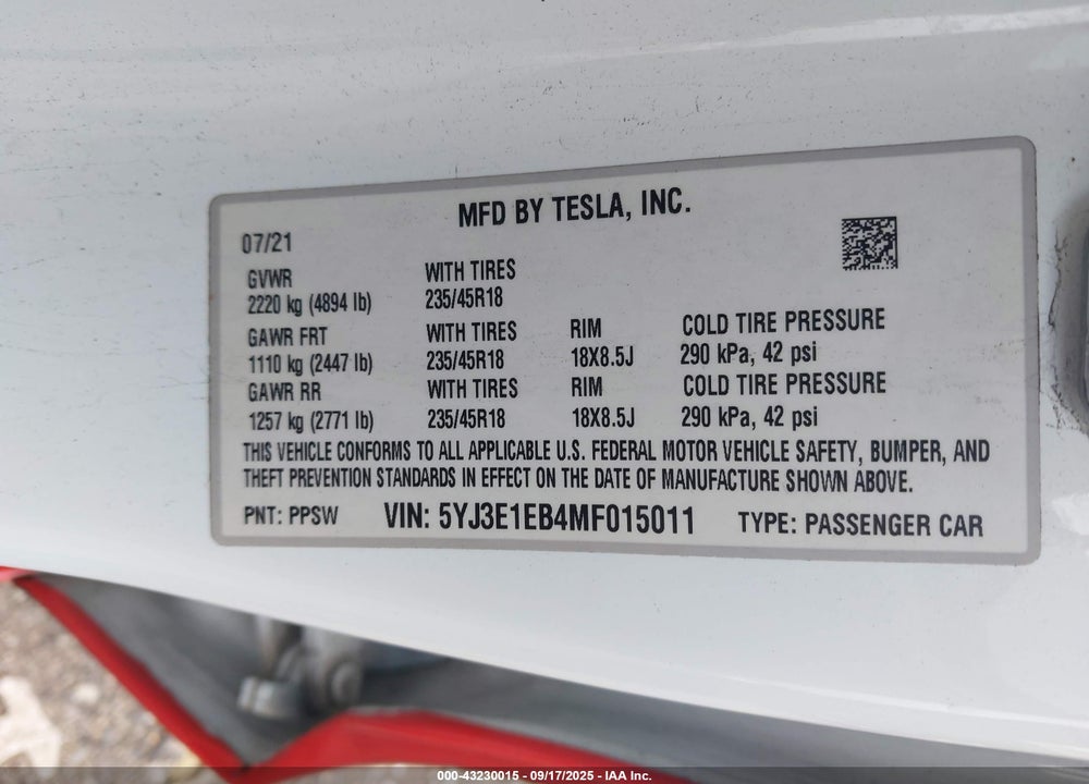 2021 TESLA MODEL 3 VIN: 5YJ3E1EB4MF015011