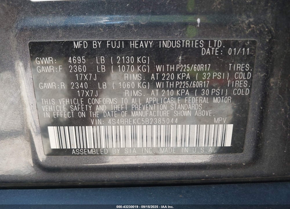 2011 SUBARU OUTBACK VIN: 4S4BREKC5B2385044