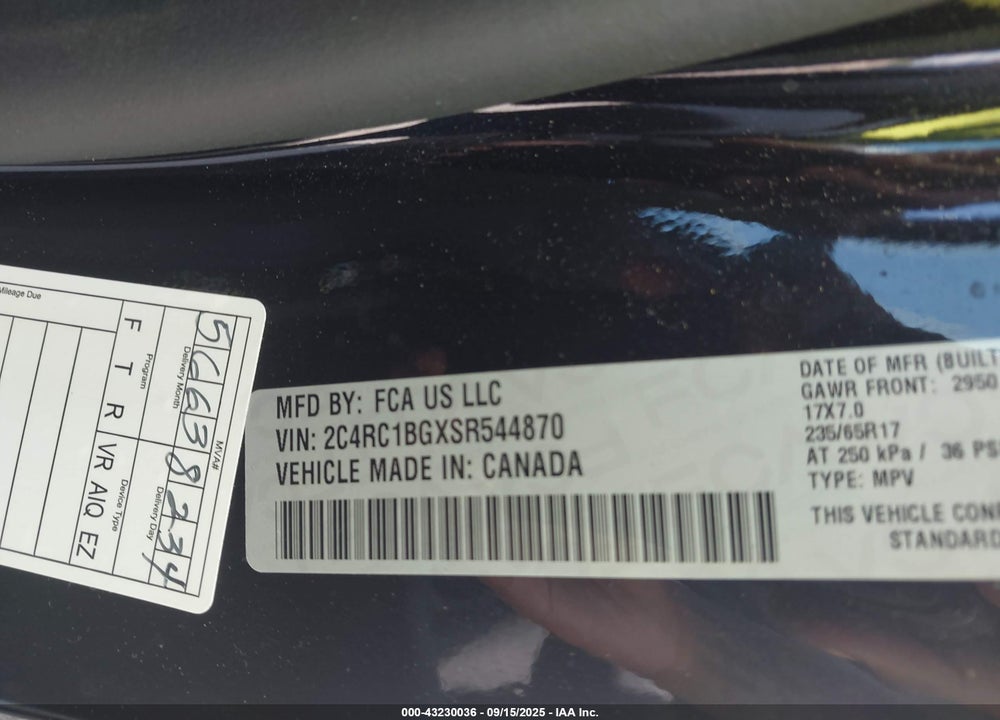 2025 CHRYSLER PACIFICA SELECT VIN: 2C4RC1BGXSR544870