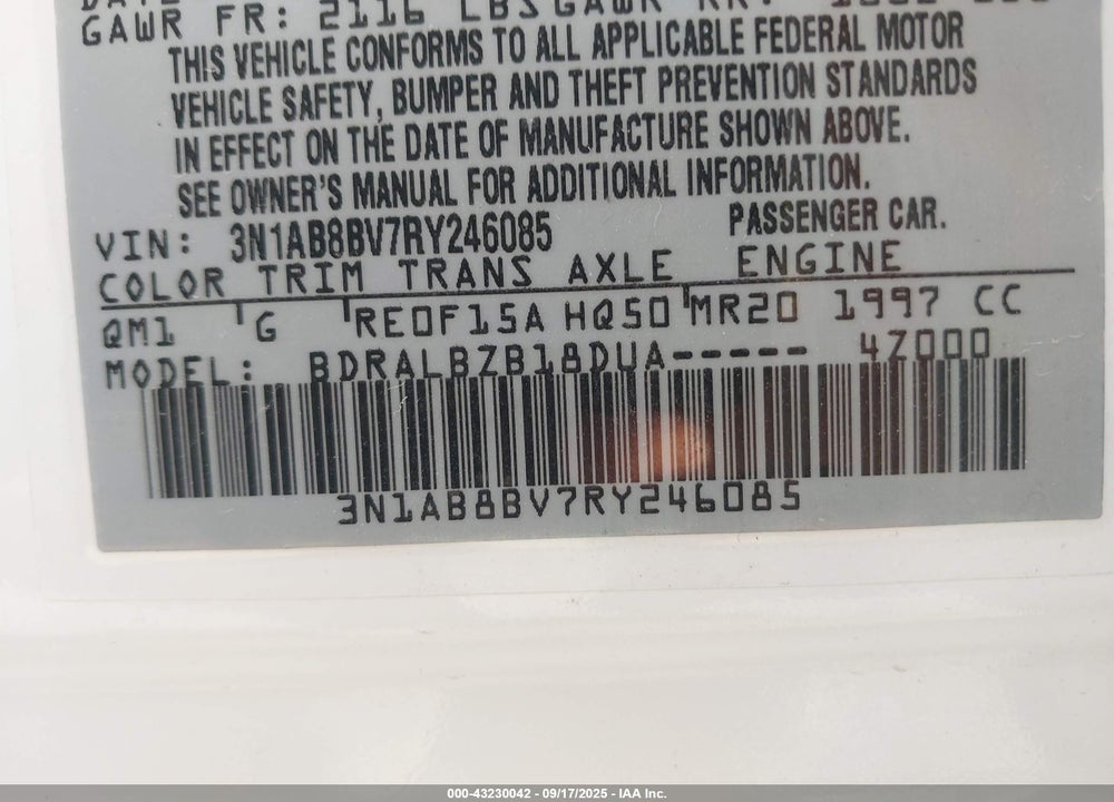 2024 NISSAN SENTRA VIN: 3N1AB8BV7RY246085