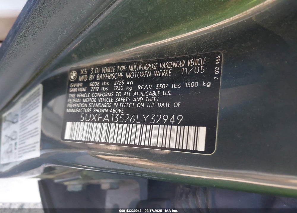 2006 BMW X5 3.0I VIN: 5UXFA13526LY32949