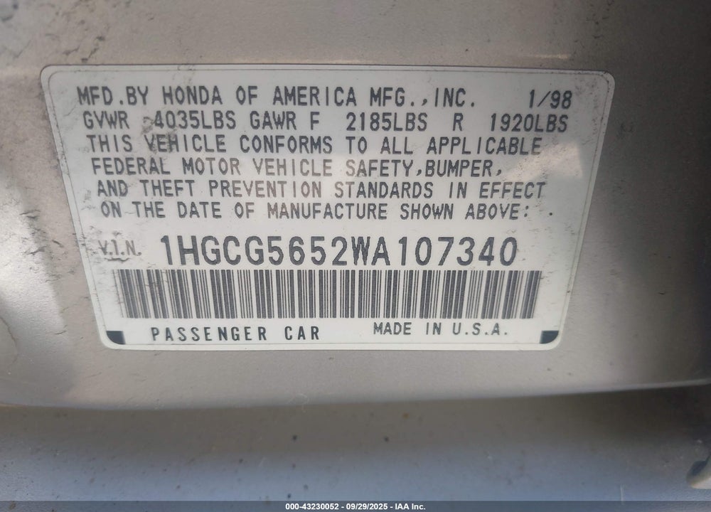 1998 HONDA ACCORD EX VIN: 1HGCG5652WA107340