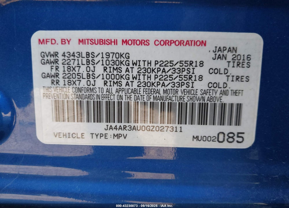 2016 MITSUBISHI OUTLANDER SPORT VIN: JA4AR3AU0GZ027311