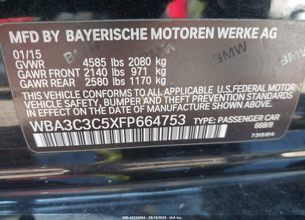 2015 BMW 3 SERIES VIN: WBA3C3C5XFP664753