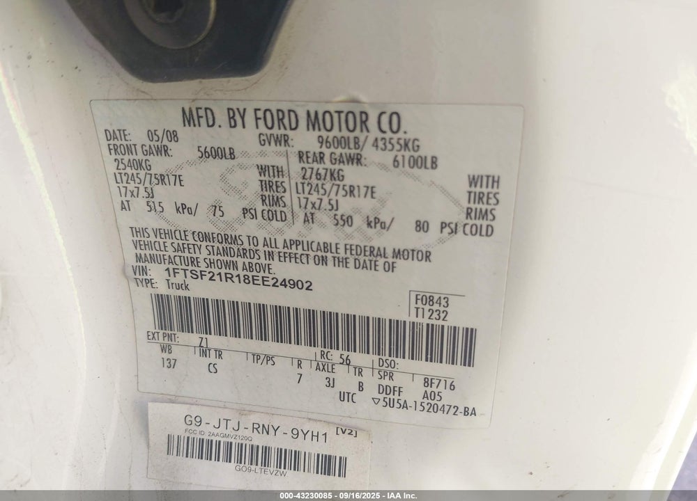 2008 FORD F-250 VIN: 1FTSF21R18EE24902