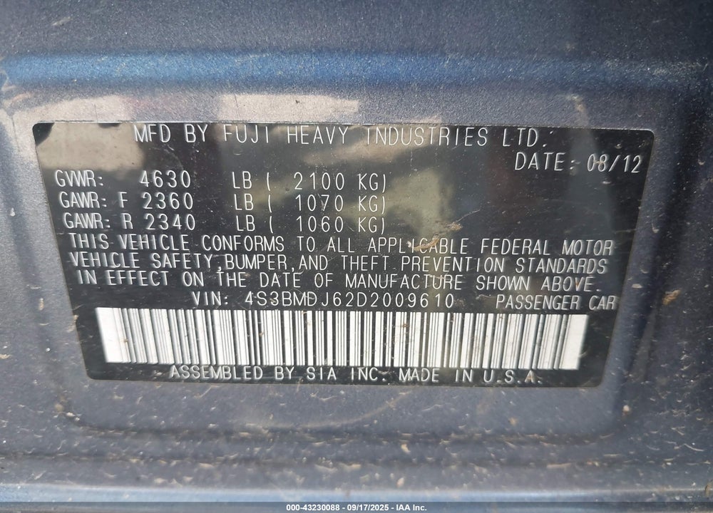2013 SUBARU LEGACY VIN: 4S3BMDJ62D2009610