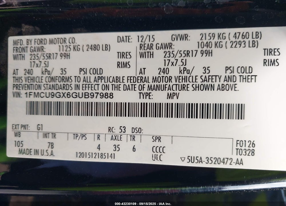 2016 FORD ESCAPE VIN: 1FMCU9GX6GUB97988