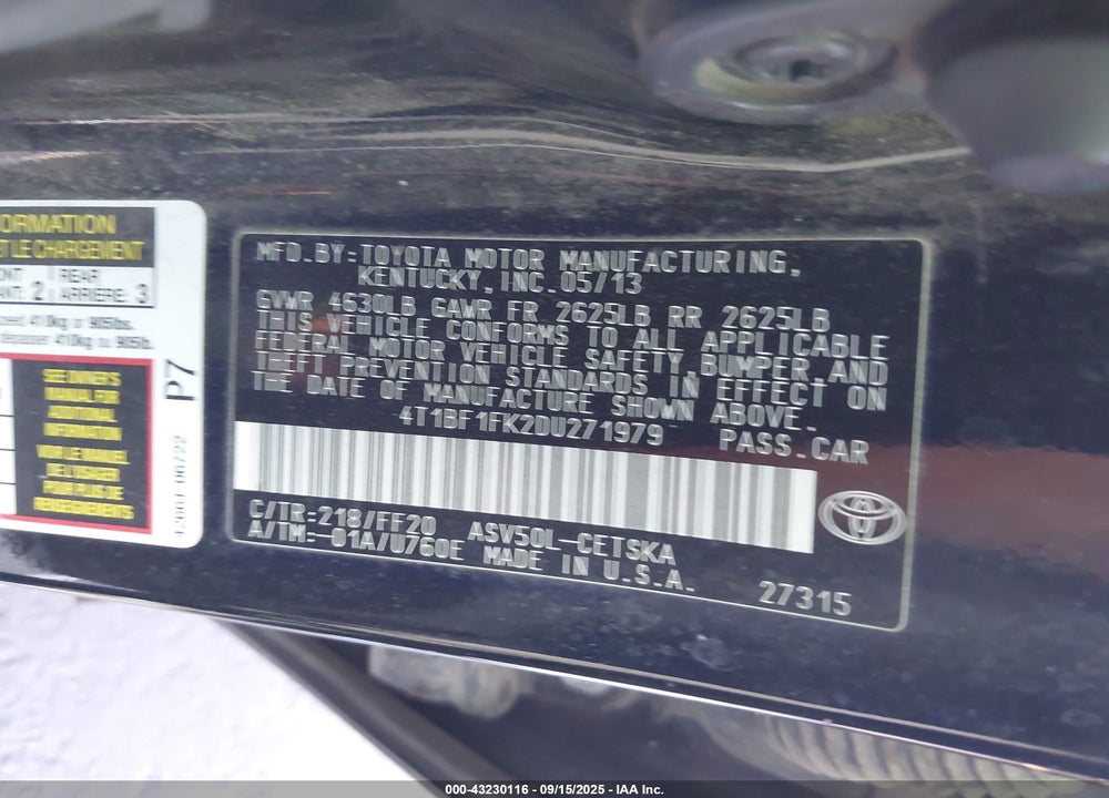 2013 TOYOTA CAMRY SE VIN: 4T1BF1FK2DU271979