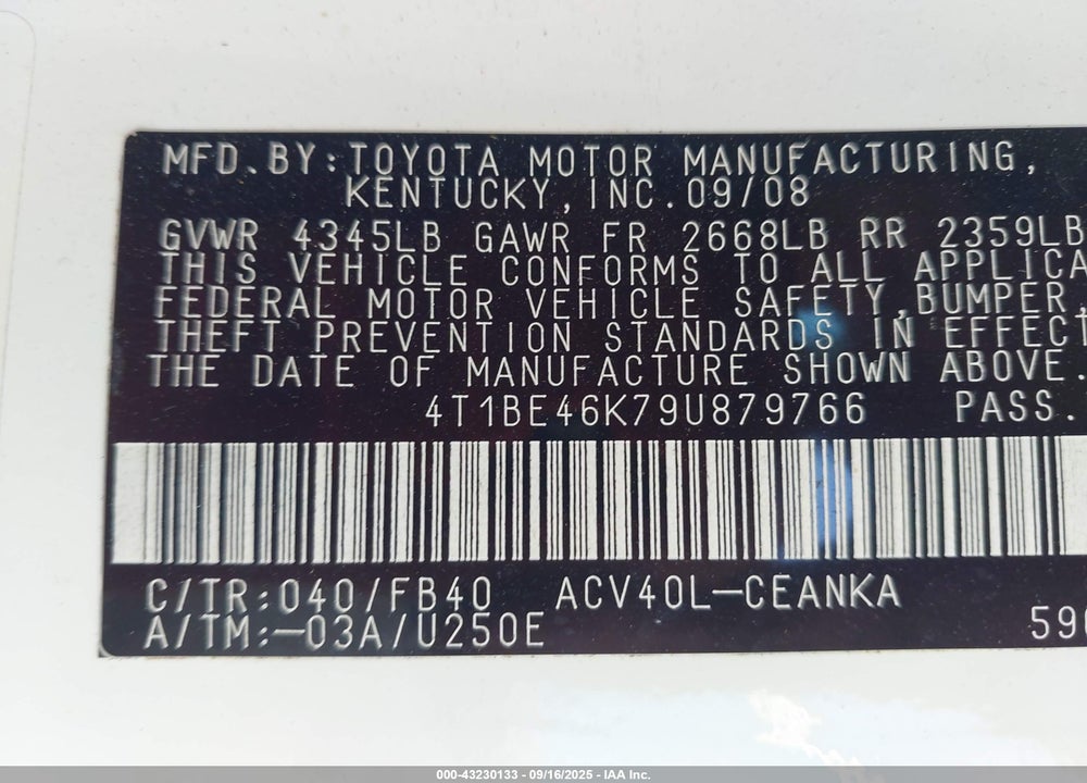 2009 TOYOTA CAMRY VIN: 4T1BE46K79U879766