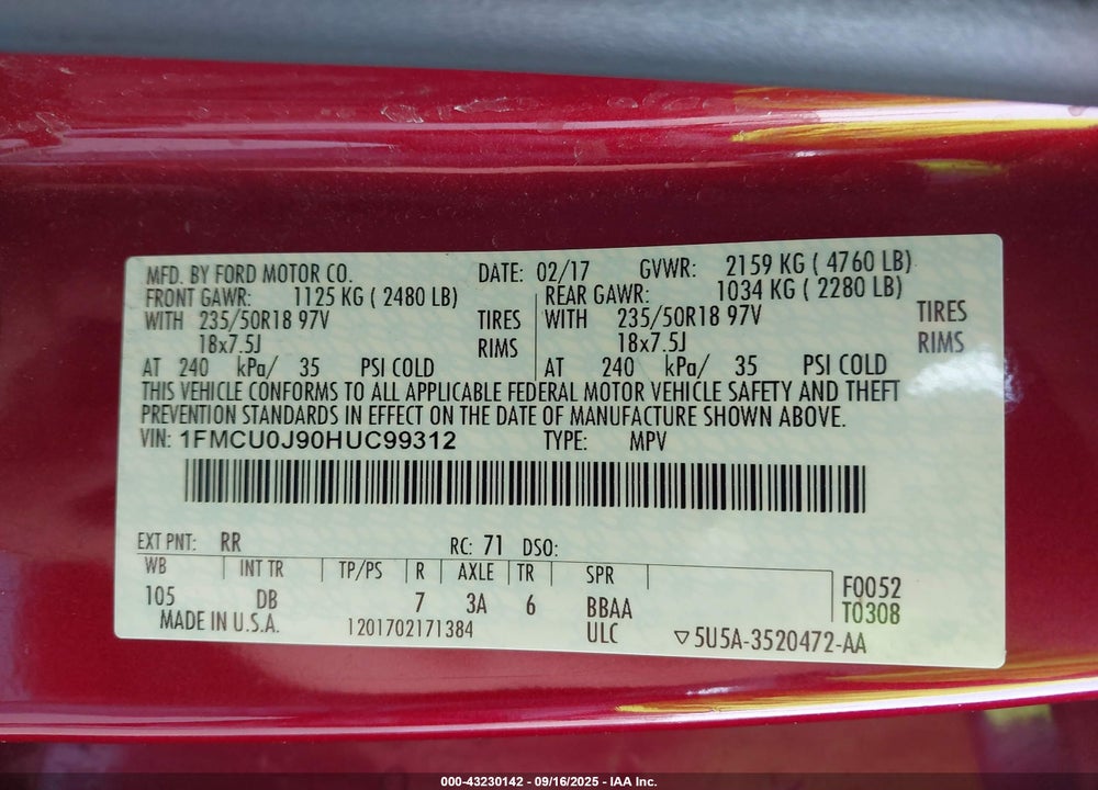 2017 FORD ESCAPE VIN: 1FMCU0J90HUC99312