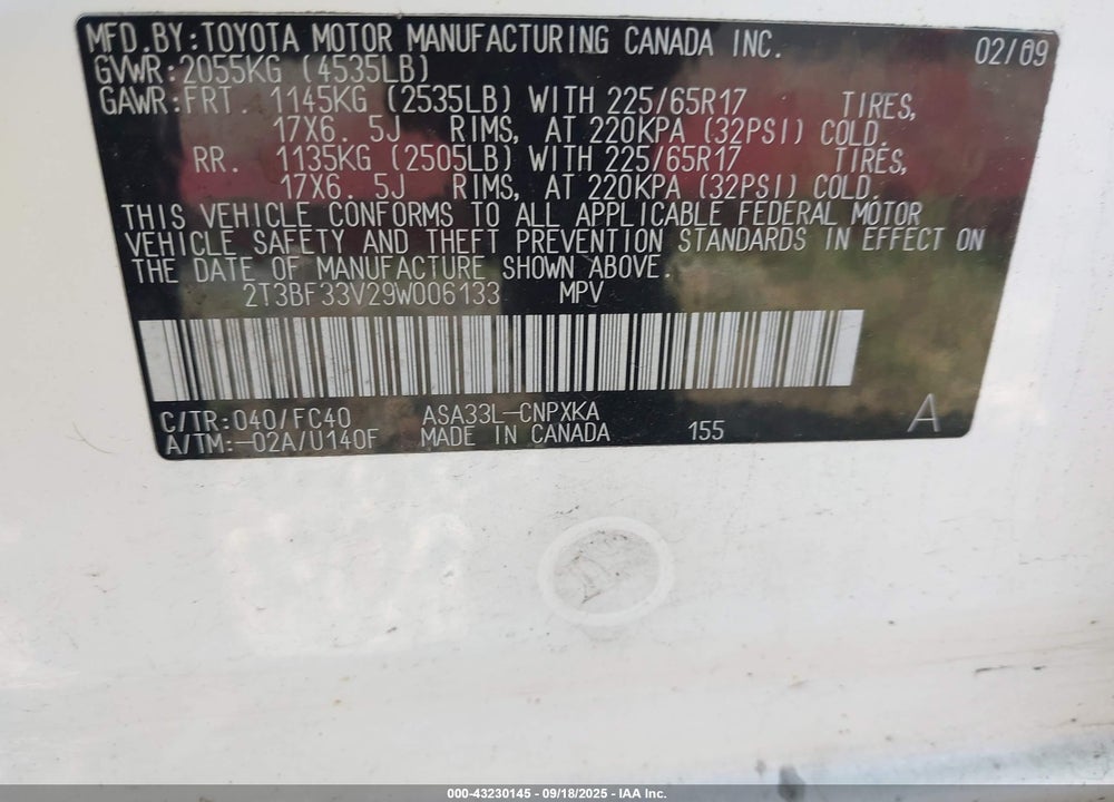 2009 TOYOTA RAV4 VIN: 2T3BF33V29W006133