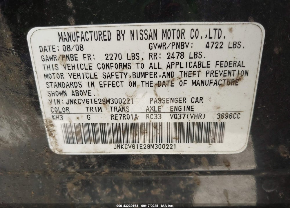 2009 INFINITI G37 JOURNEY VIN: JNKCV61E29M300221