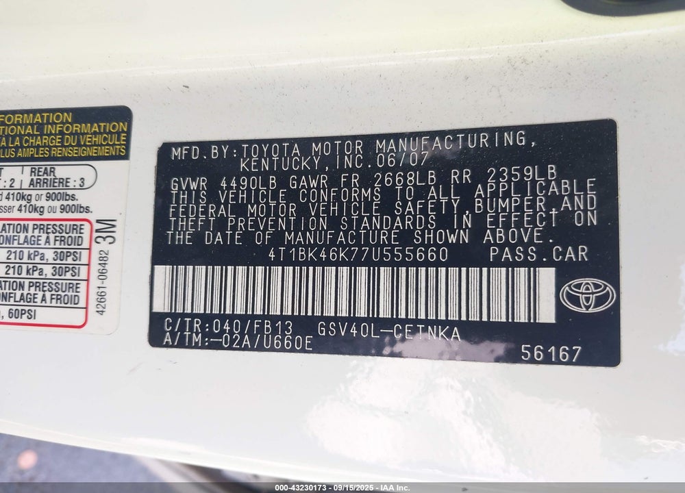 2007 TOYOTA CAMRY LE V6 VIN: 4T1BK46K77U555660