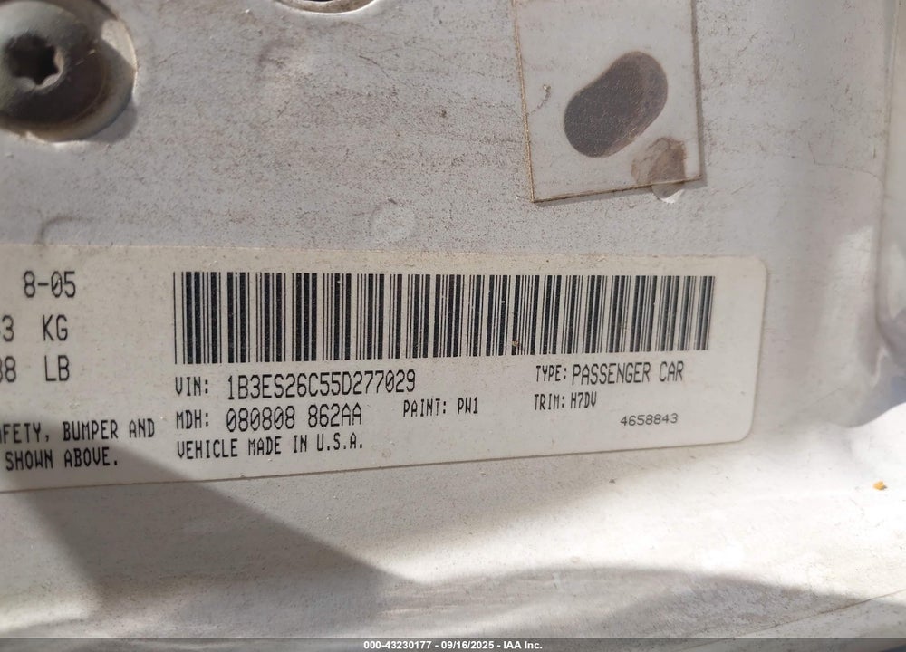 2005 DODGE NEON SE VIN: 1B3ES26C55D277029