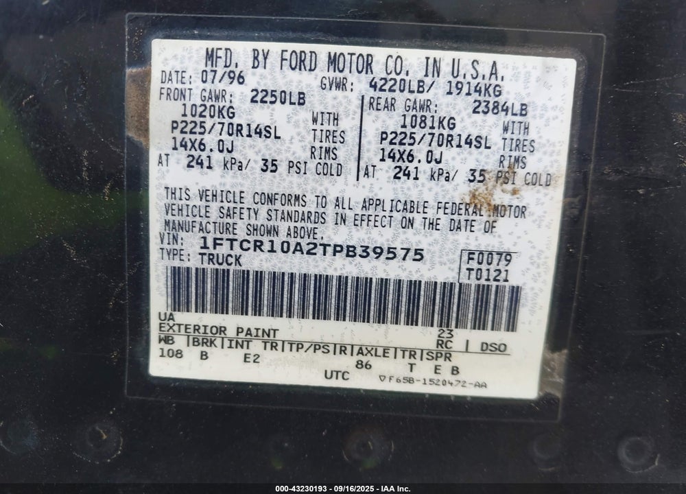 1996 FORD RANGER VIN: 1FTCR10A2TPB39575