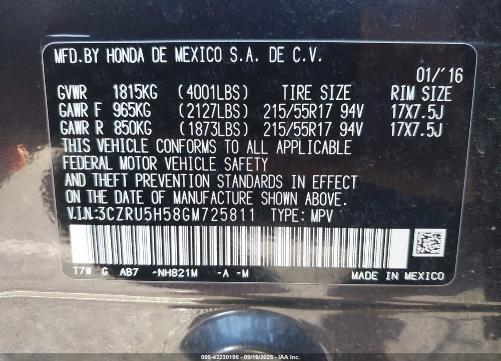 2016 HONDA HR-V VIN: 3CZRU5H58GM725811