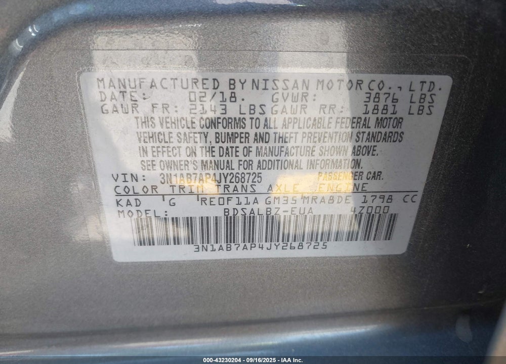 2018 NISSAN SENTRA VIN: 3N1AB7AP4JY268725