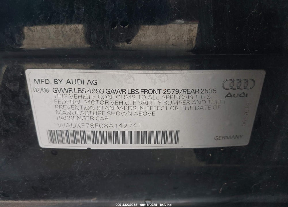 2008 AUDI A4 2.0T/2.0T AVANT SPECIAL EDITION VIN: WAUKF78E08A142741