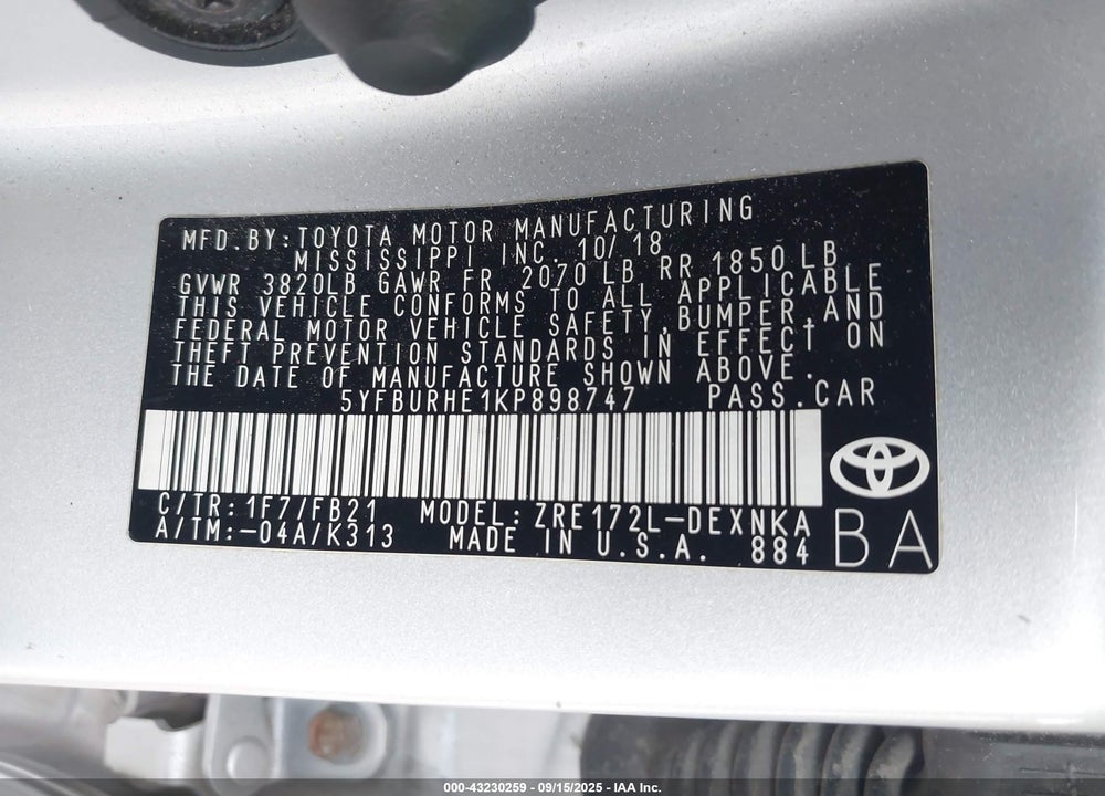2019 TOYOTA COROLLA LE VIN: 5YFBURHE1KP898747