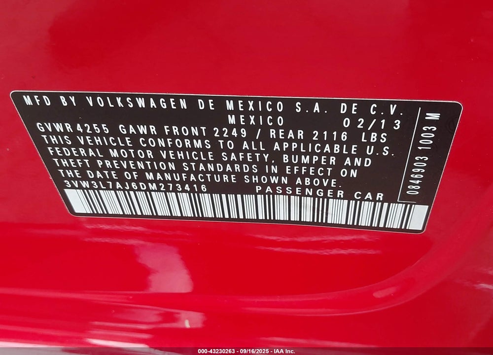 2013 VOLKSWAGEN JETTA 2.0L TDI VIN: 3VW3L7AJ6DM273416
