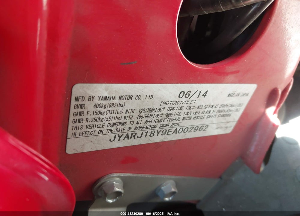 2014 YAMAHA FZ6 RC VIN: JYARJ18Y9EA002962