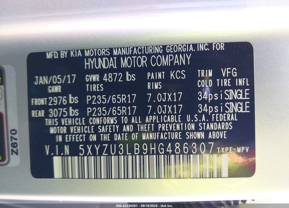 2017 HYUNDAI SANTA FE SPORT 2.4L VIN: 5XYZU3LB9HG486307