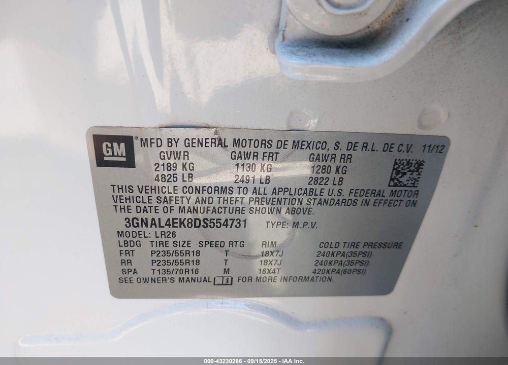 2013 CHEVROLET CAPTIVA SPORT VIN: 3GNAL4EK8DS554731