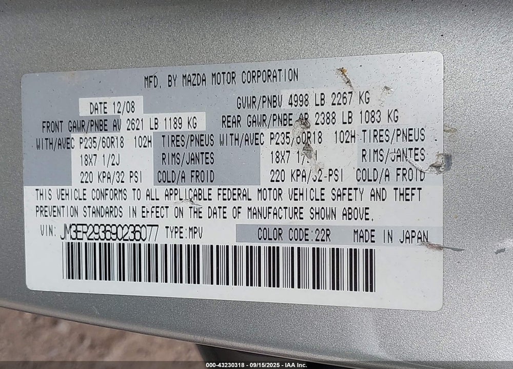 2009 MAZDA CX-7 TOURING VIN: JM3ER293690236077