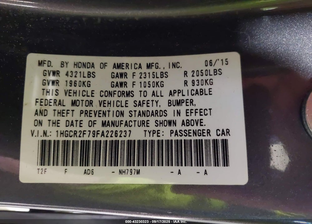 2015 HONDA ACCORD EX VIN: 1HGCR2F79FA226237