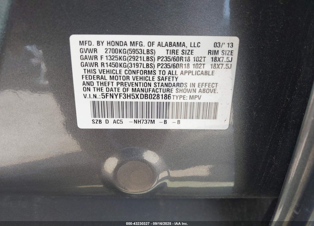 2013 HONDA PILOT EX-L VIN: 5FNYF3H5XDB028186