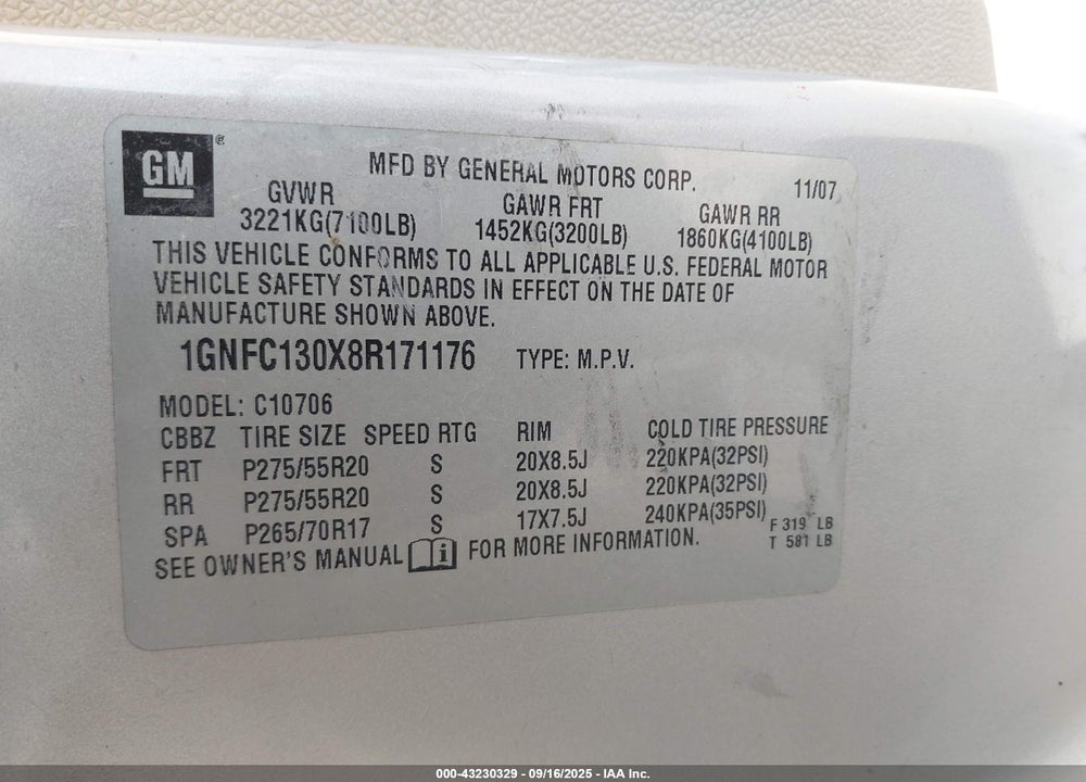 2008 CHEVROLET TAHOE LT VIN: 1GNFC130X8R171176