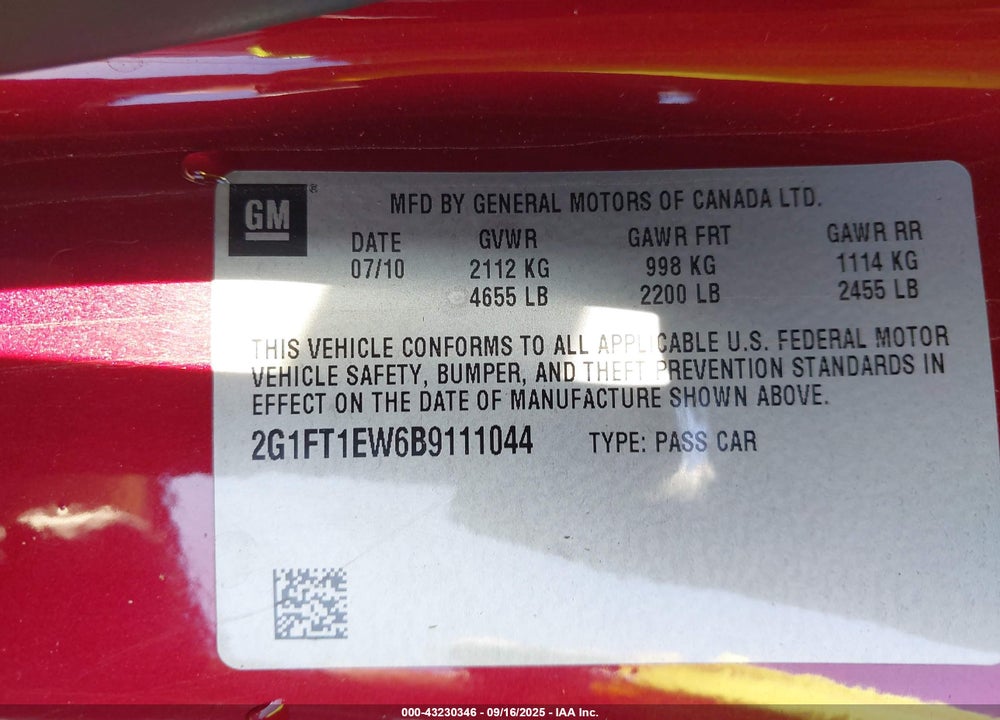 2011 CHEVROLET CAMARO VIN: 2G1FT1EW6B9111044