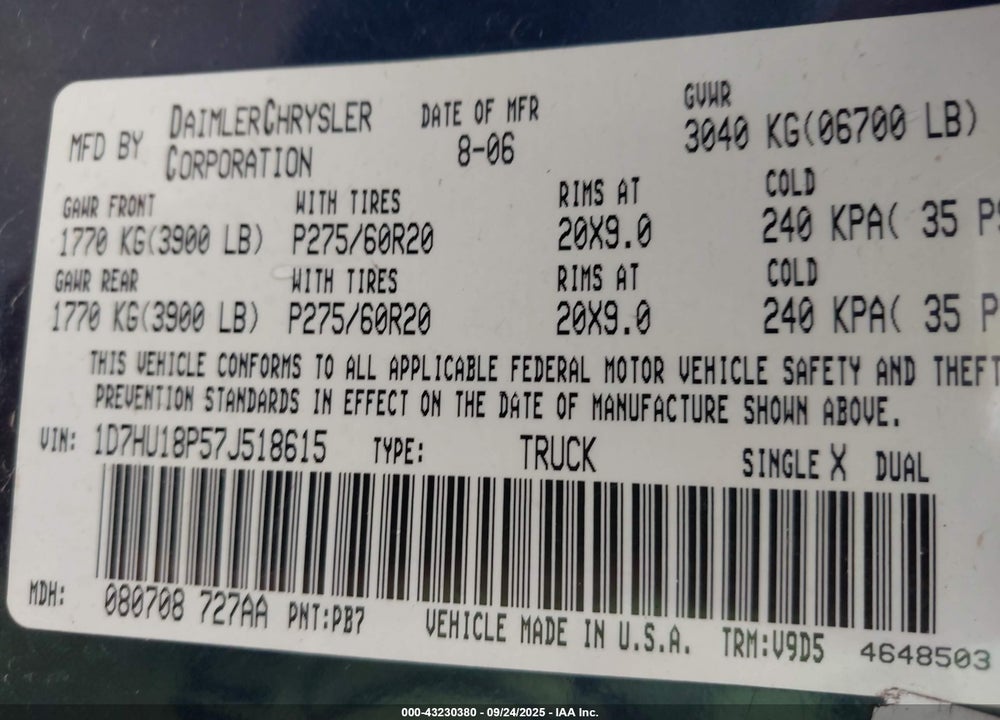2007 DODGE RAM 1500 VIN: 1D7HU18P57J518615
