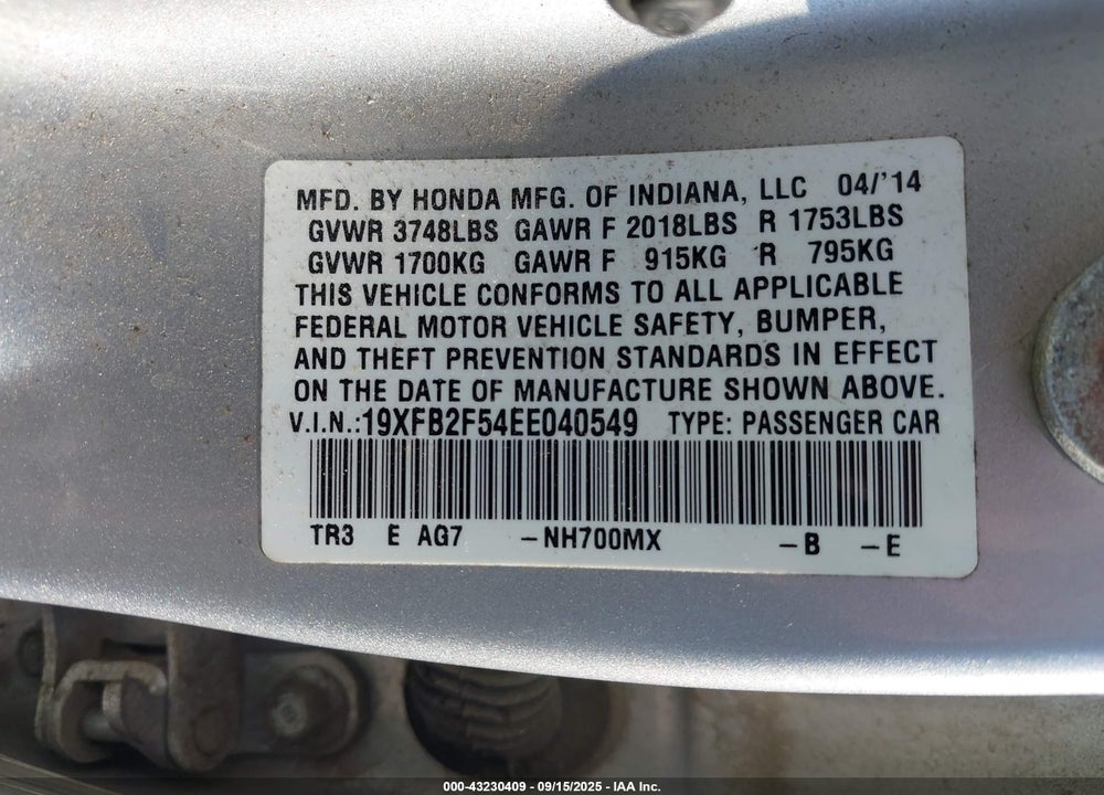 2014 HONDA CIVIC VIN: 19XFB2F54EE040549