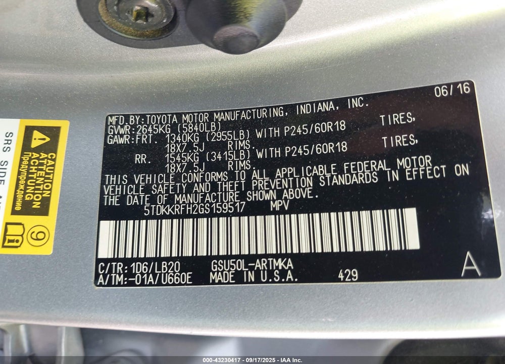 2016 TOYOTA HIGHLANDER XLE V6 VIN: 5TDKKRFH2GS159517