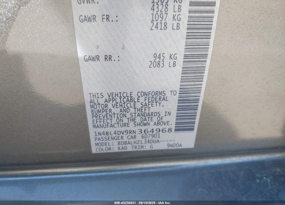 2024 NISSAN ALTIMA SV FWD VIN: 1N4BL4DV9RN364968