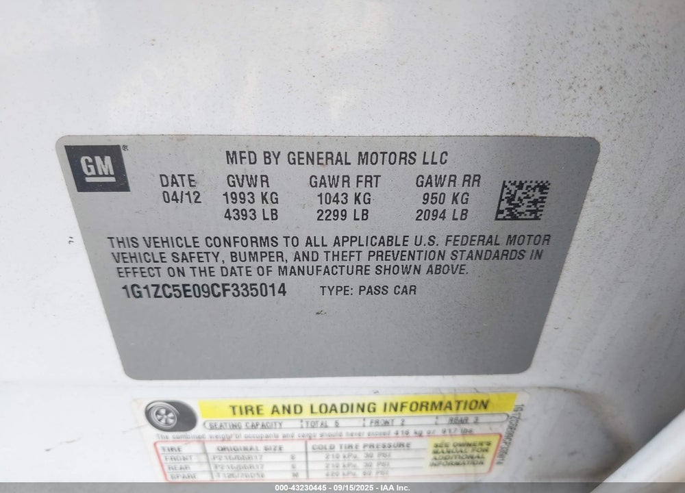 2012 CHEVROLET MALIBU 1LT VIN: 1G1ZC5E09CF335014