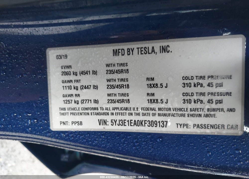 2019 TESLA MODEL 3 LONG RANGE/MID RANGE/STANDARD RANGE/STANDARD RANGE PLUS VIN: 5YJ3E1EA0KF309137