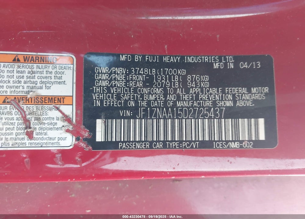 2013 SCION FR-S VIN: JF1ZNAA15D2725437