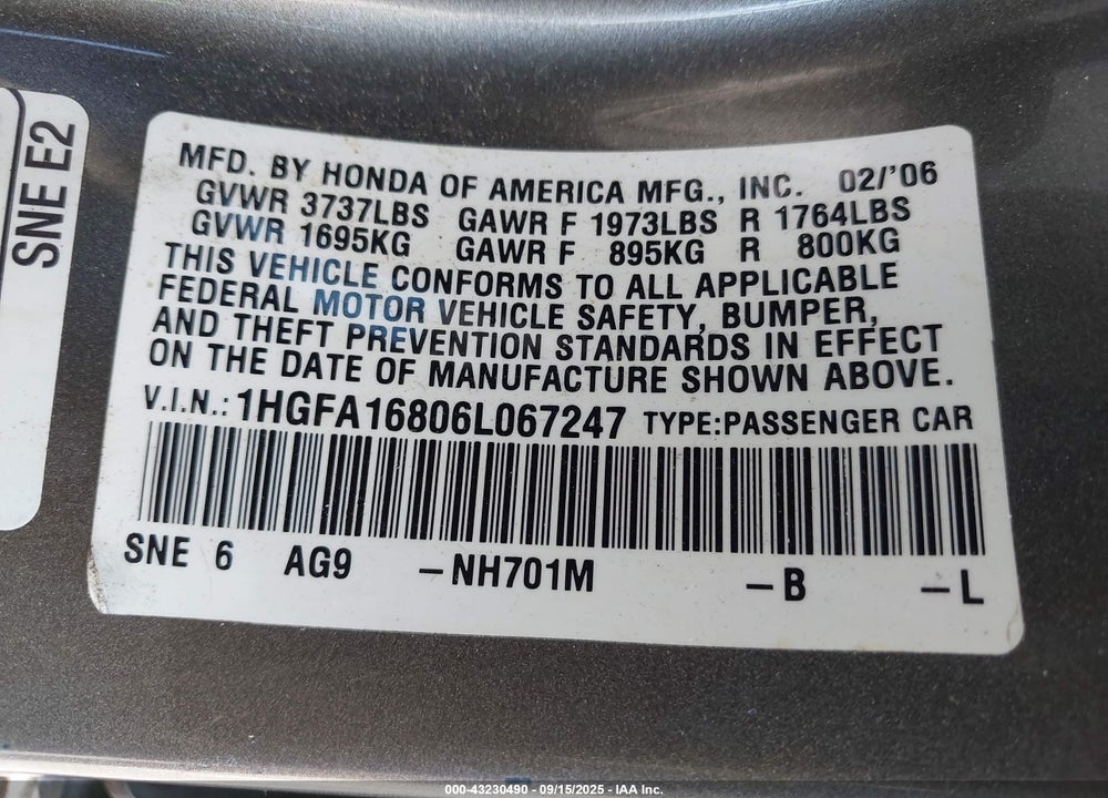2006 HONDA CIVIC EX VIN: 1HGFA16806L067247
