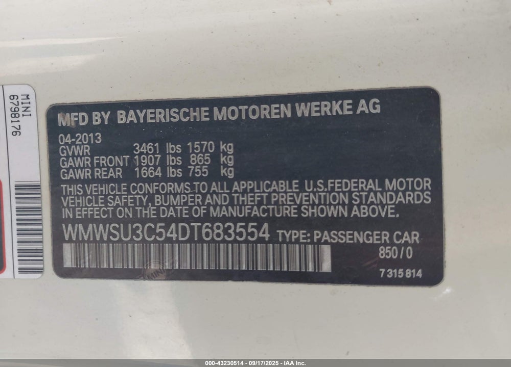 2013 MINI HARDTOP VIN: WMWSU3C54DT683554