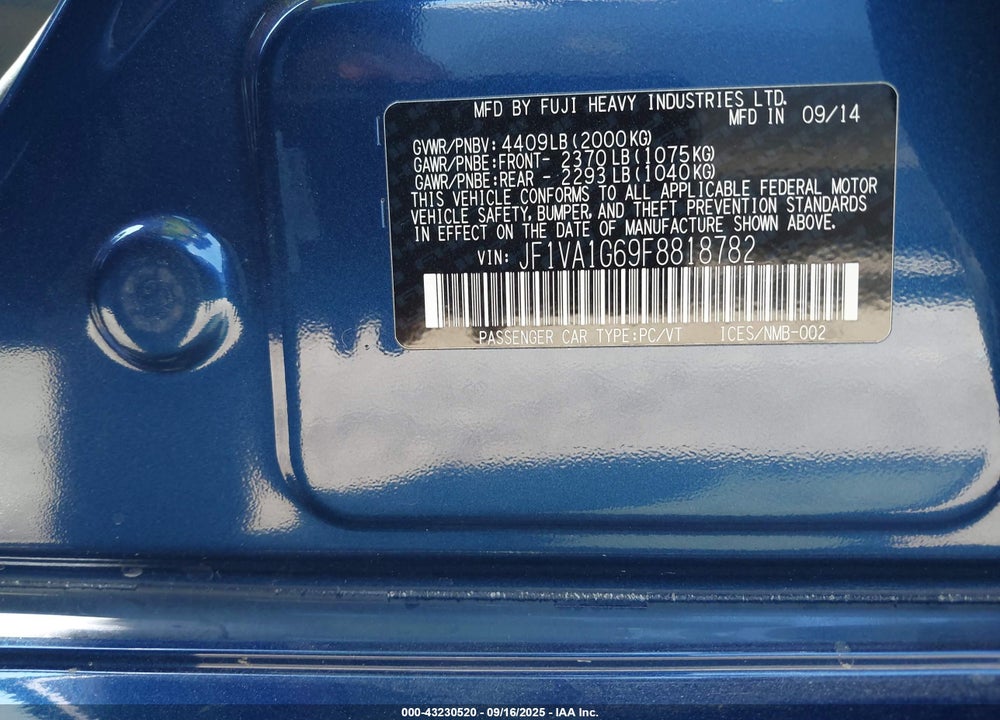 2015 SUBARU WRX VIN: JF1VA1G69F8818782