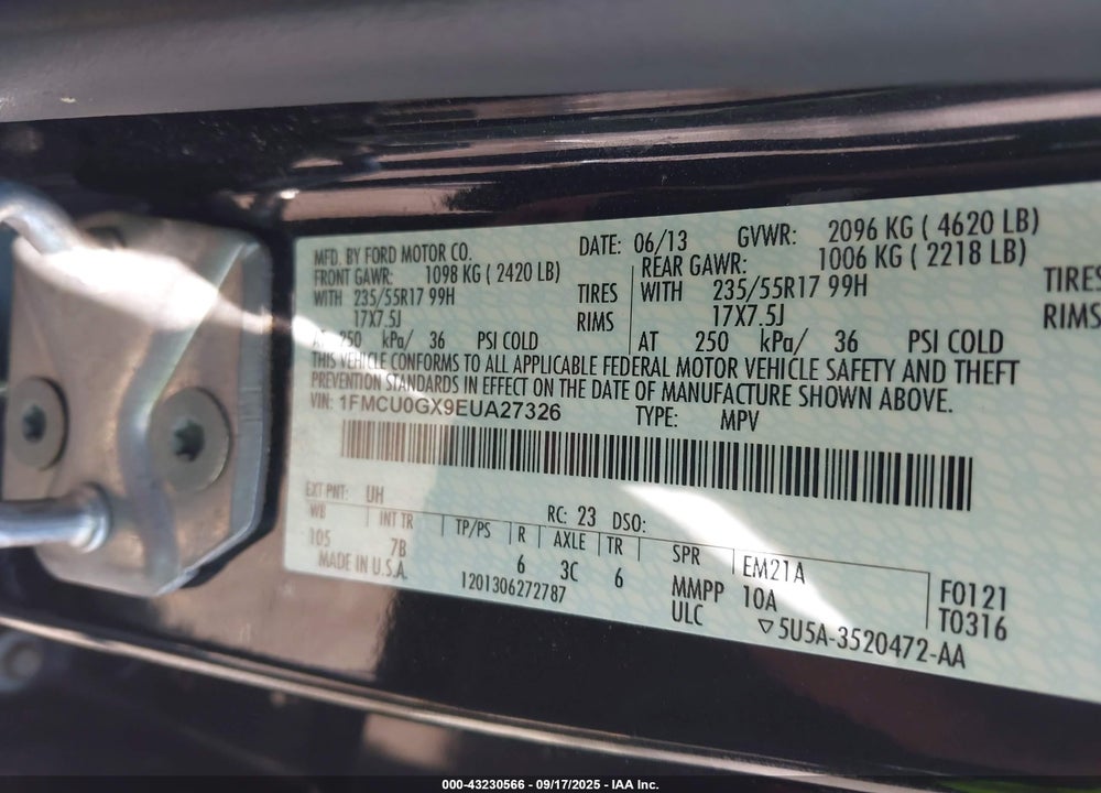 2014 FORD ESCAPE VIN: 1FMCU0GX9EUA27326