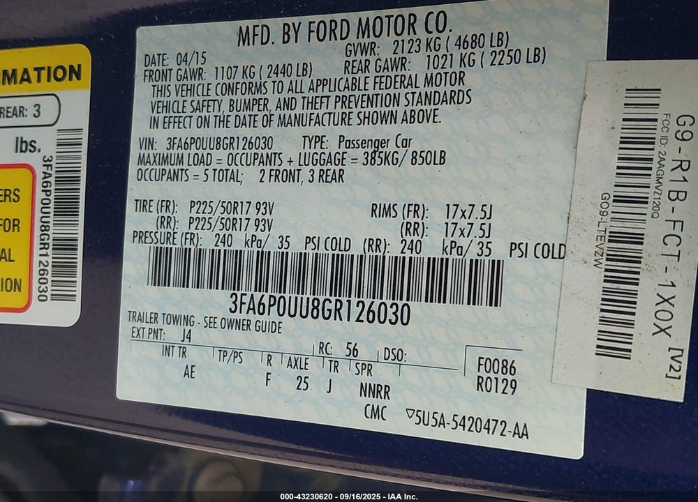 2016 FORD FUSION VIN: 3FA6P0UU8GR126030