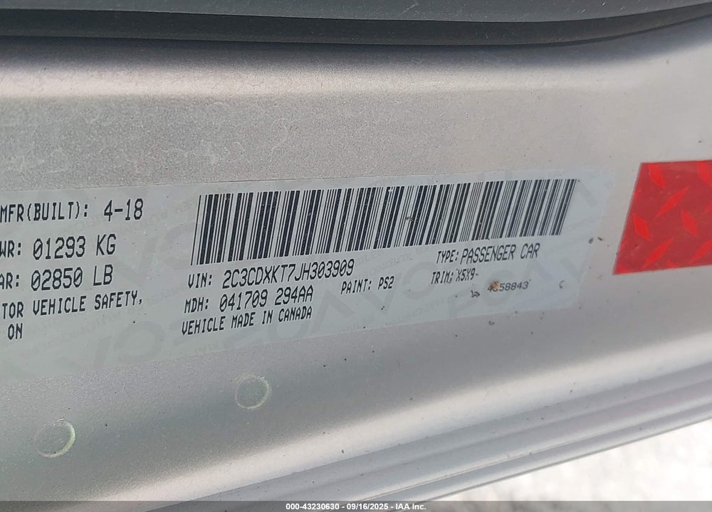 2018 DODGE CHARGER VIN: 2C3CDXKT7JH303909