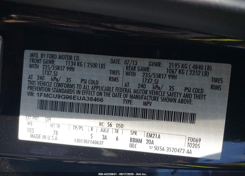 2014 FORD ESCAPE VIN: 1FMCU9G96EUA38466