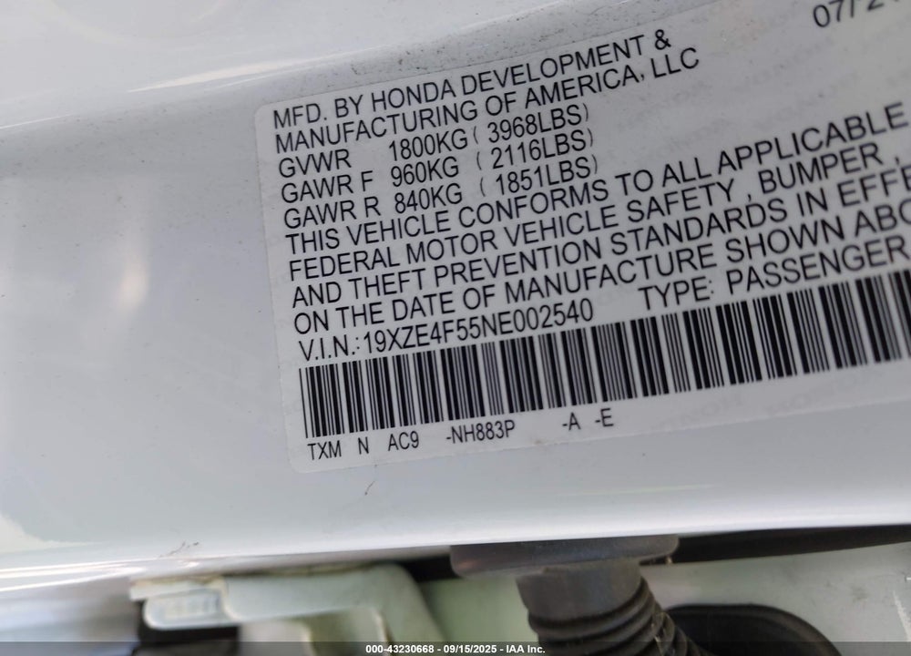 2022 HONDA INSIGHT VIN: 19XZE4F55NE002540