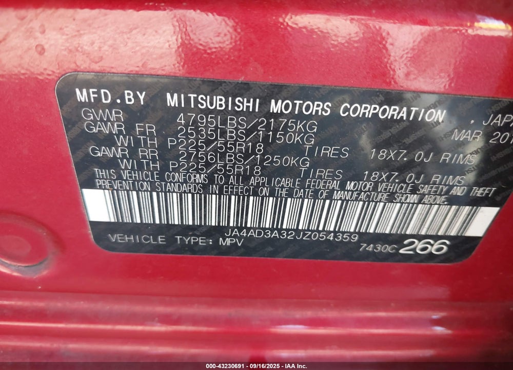 2018 MITSUBISHI OUTLANDER VIN: JA4AD3A32JZ054359