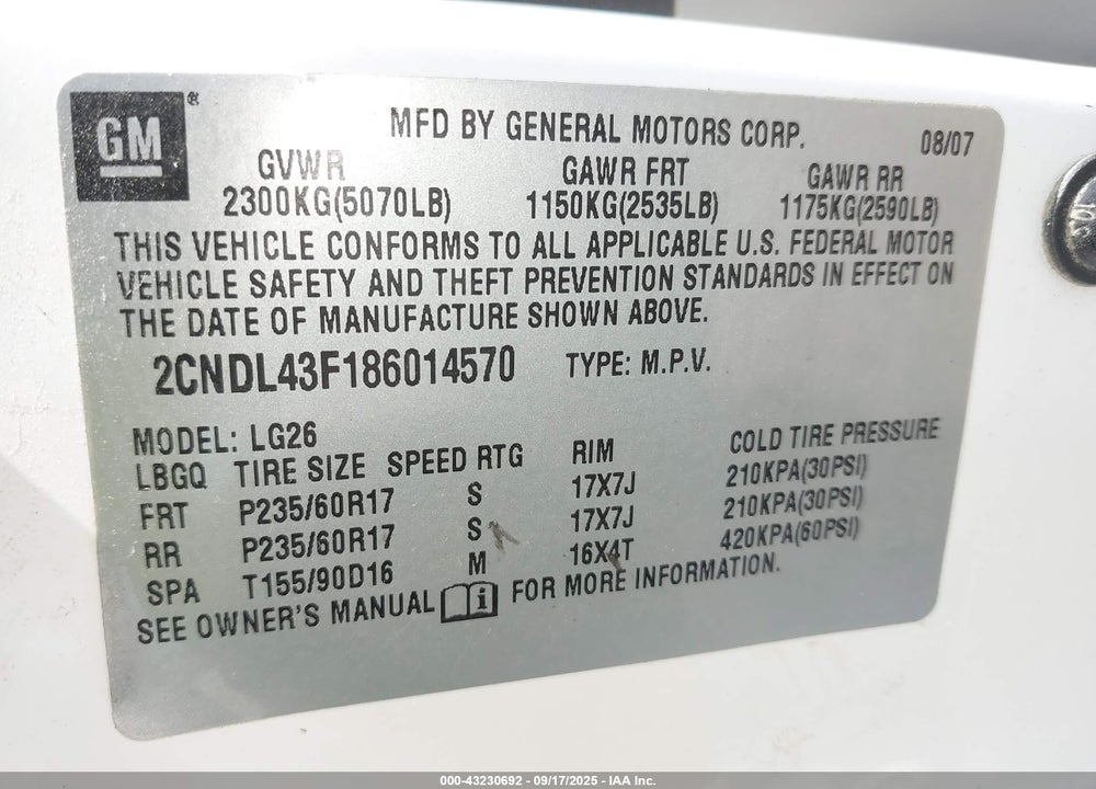 2008 CHEVROLET EQUINOX LT VIN: 2CNDL43F186014570