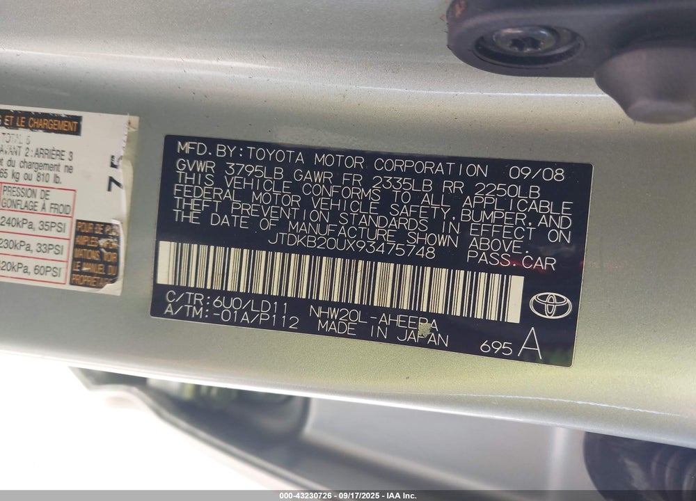 2009 TOYOTA PRIUS VIN: JTDKB20UX93475748